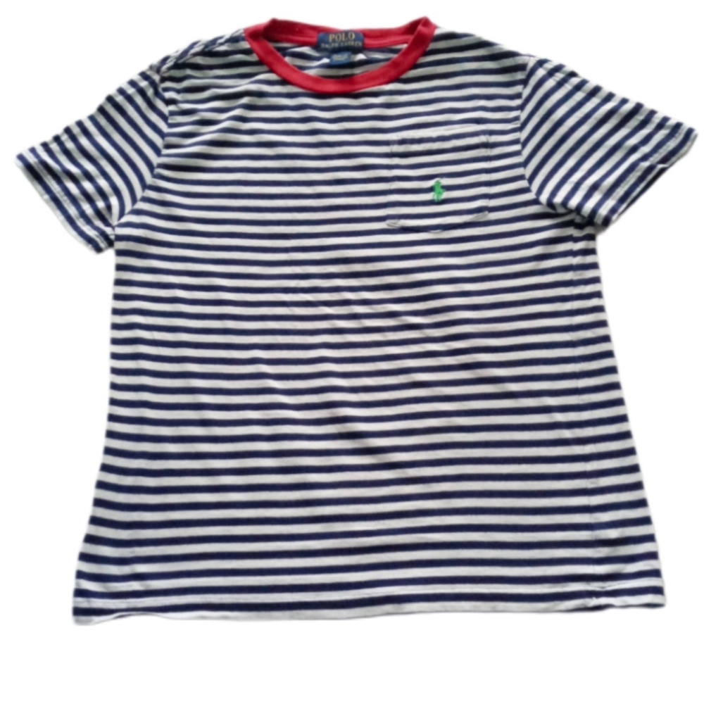 EUC Polo Ralph Lauren Boy's Red Collar Blue & White Stripped Shirt, Medium 10/12